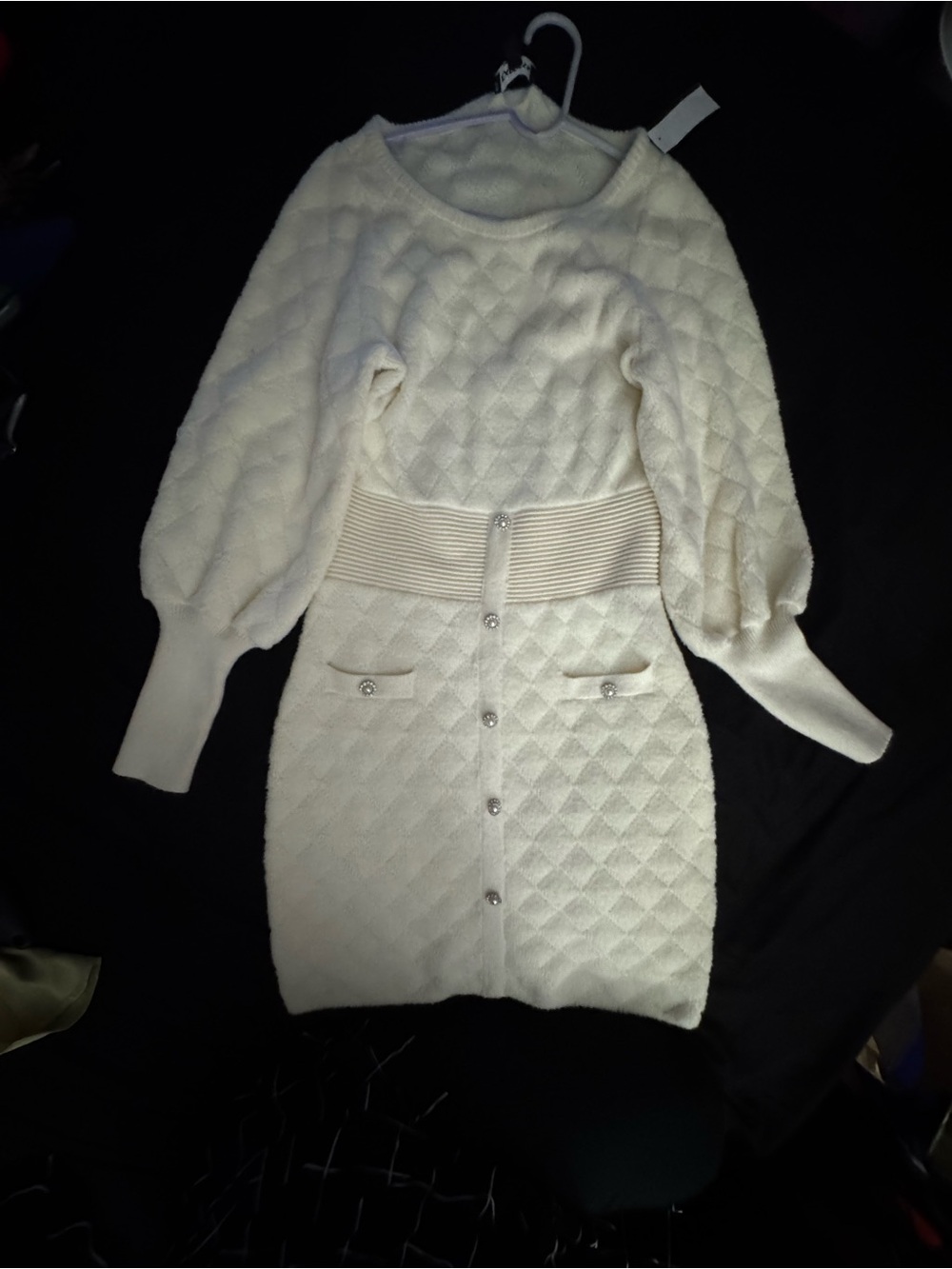 Cream Quilted Knit Button-Front Dress with Rib Waist